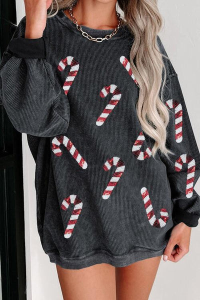 Explore More Collection - Sequin Candy Cane Round Neck Sweatshirt