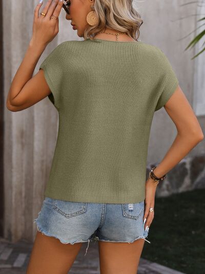 Explore More Collection - Pocketed Round Neck Cap Sleeve Sweater