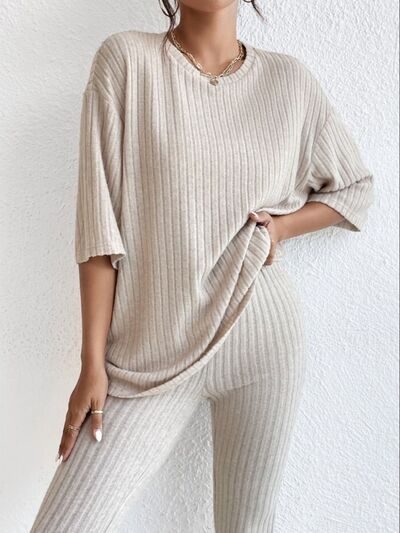 Explore More Collection - Ribbed Round Neck T-Shirt and Pants Lounge Set