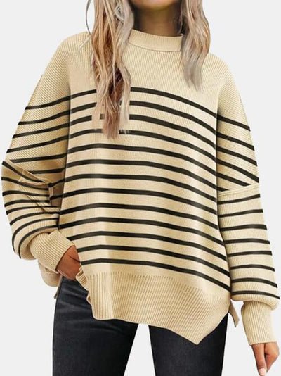 Explore More Collection - Round Neck Drop Shoulder Slit Sweater