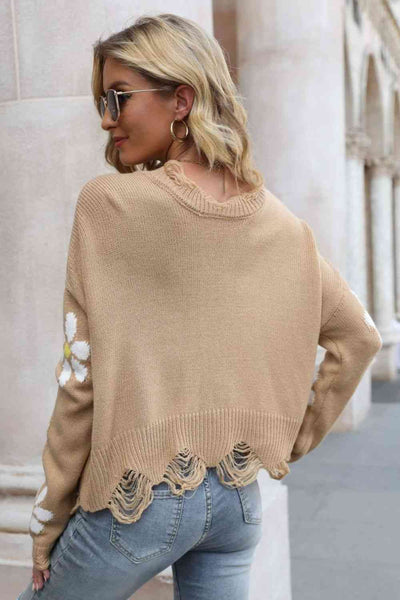 Explore More Collection - Flower Distressed Ribbed Trim Sweater