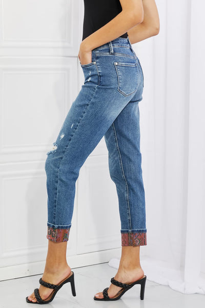 Explore More Collection - Judy Blue Mid Rise Paisley Patch Cuff Boyfriend Jeans
