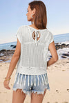 Explore More Collection - Openwork Cap Sleeve Knit Cover Up with Tassel