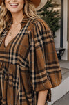 Explore More Collection - Plus Size Plaid V-Neck Balloon Sleeve Mini Dress