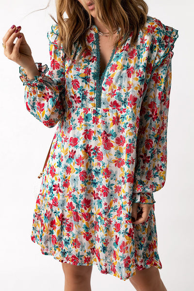 Explore More Collection - Floral Notched Neck Flounce Sleeve Dress