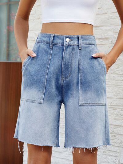 Explore More Collection - Buttoned Raw Hem Denim Shorts with Pockets