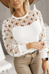 Explore More Collection - Hollowed Floral Lace Spliced Long Sleeve Blouse