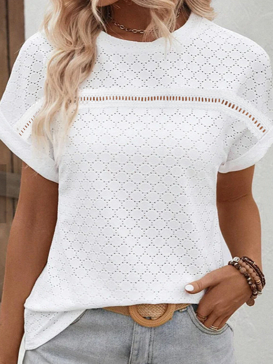 Explore More  Collection - Eyelet Round Neck Short Sleeve Blouse