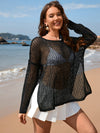 Explore More Collection - Openwork Slit Boat Neck Long Sleeve Cover-Up