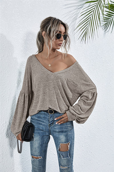 Explore More Collection - V-Neck Long Sleeve Dropped Shoulder Knit Top