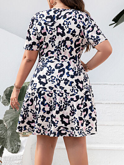 Explore More Collection - Plus Size Leopard Surplice Mini Dress