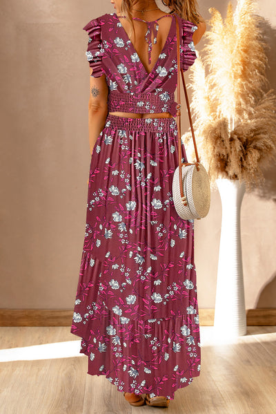 Explore More Collection - Printed Tie Back Cropped Top and Maxi Skirt Set