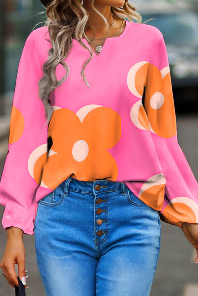 Explore More Collection - Flower Notched Balloon Sleeve Blouse