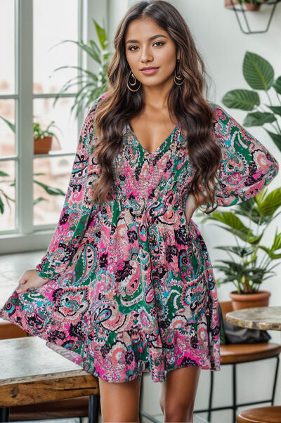 Explore More Collection - Printed V-Neck Long Sleeve Mini Dress