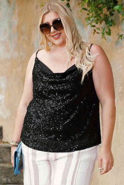 Explore More Collection - Plus Size Sequin Cowl Neck Cami