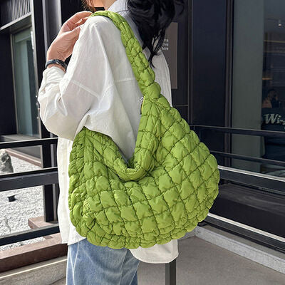 Explore More Collection - Quilted Pleated Plaid Shoulder Bag with Zipper