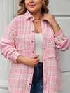 Explore More Collection - Plus Size Plaid Pocketed Snap Down Jacket