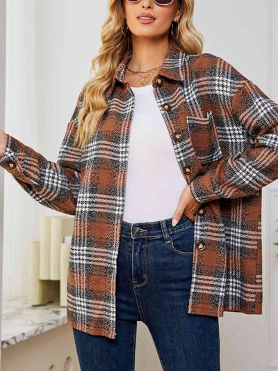Explore More Collection - Plaid Collared Shirt Jacket