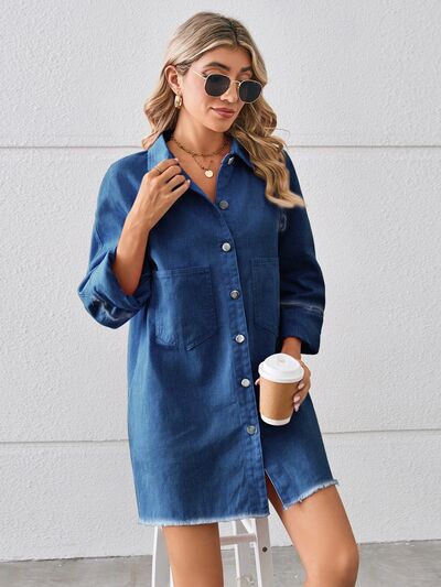 Explore More Collection - Raw Hem Button Up Denim Dress