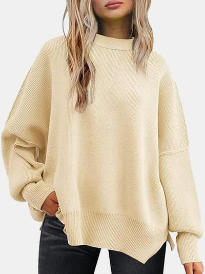 Explore More Collection - Round Neck Drop Shoulder Slit Sweater