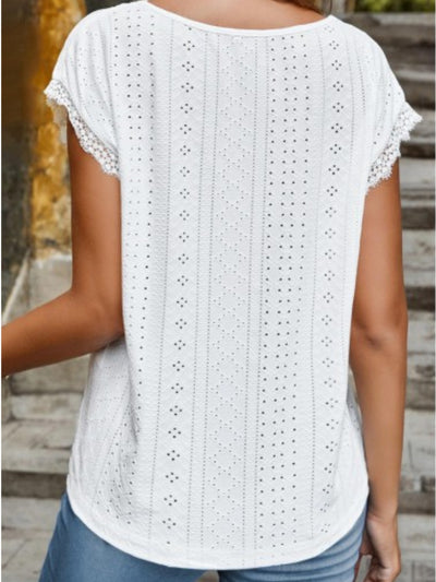 Explore More Collection - Eyelet V-Neck Cap Sleeve Blouse