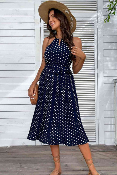 Explore More Collection - Polka Dot Tie-Waist Sleeveless Midi Dress