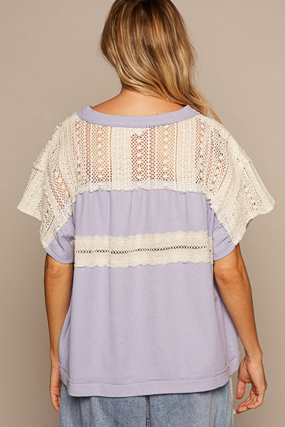 Explore More  Collection - POL V-Neck Short Sleeve Crochet Detail Top