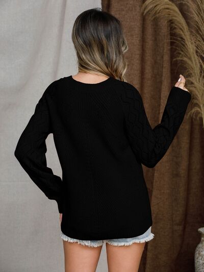 Explore More Collection - Openwork Round Neck Raglan Sleeve Sweater