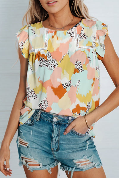 Explore More Collection - Printed Round Neck Flutter Sleeve Top