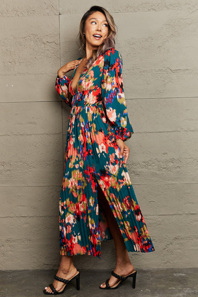 Explore More Collection - Printed Deep V Slit Pleated Dress