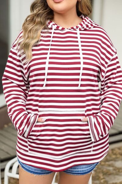 Explore More Collection - Plus Size Drawstring Striped Dropped Shoulder Hoodie