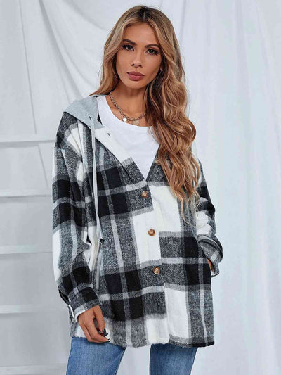 Explore More Collection - Plaid Hooded Jacket with Pockets