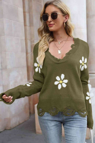 Explore More Collection - Flower Distressed Ribbed Trim Sweater