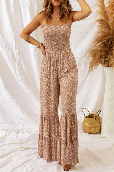 Explore More Collection - Floral Spaghetti Strap Smocked Wide Leg Jumpsuit