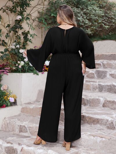 Explore More Collection - Plus Size V-Neck Long Sleeve Wide Leg Jumpsuit