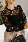 Explore More Collection - Hollowed Floral Lace Spliced Long Sleeve Blouse