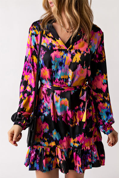 Explore More Collection - Abstract Print Belted Ruffle Hem Dress