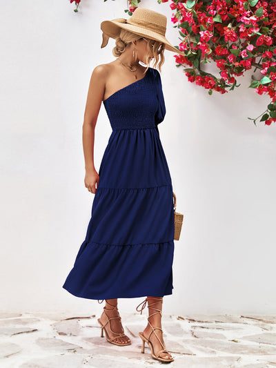 Explore More Collection - Smocked One-Shoulder Midi Dress