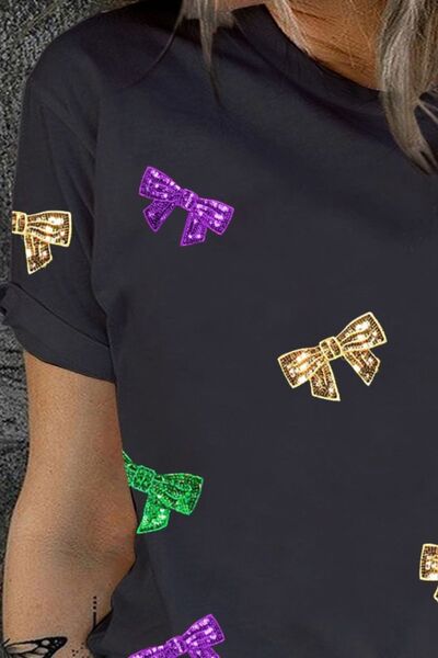 Explore More Collection - Plus Size Sequin Bow Print Short Sleeve T-Shirt