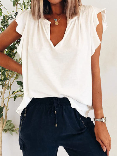 Explore More Collection - Ruffled Notched Cap Sleeve T-Shirt