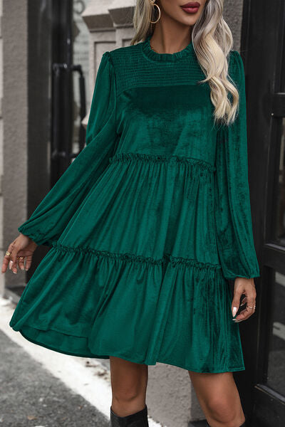 Explore More Collection - Smocked Balloon Sleeve Frill Trim Tiered Dress