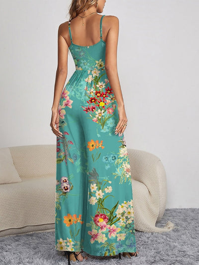 Explore More Collection - Decorative Button Spaghetti Strap Wide Leg Jumpsuit