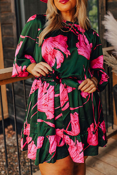 Explore More Collection - Plus Size Printed Lantern Sleeve Ruffle Hem Dress