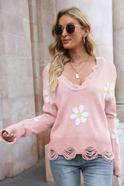 Explore More Collection - Flower Distressed Ribbed Trim Sweater