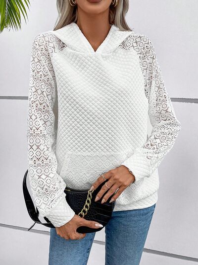 Explore More Collection - Lace Openwork Kangaroo Pocket Hoodie