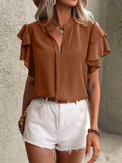 Explore More Collection - Ruffled Notched Short Sleeve Blouse