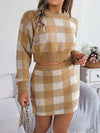 Explore More Collection - Plaid Round Neck Top and Skirt Sweater Set