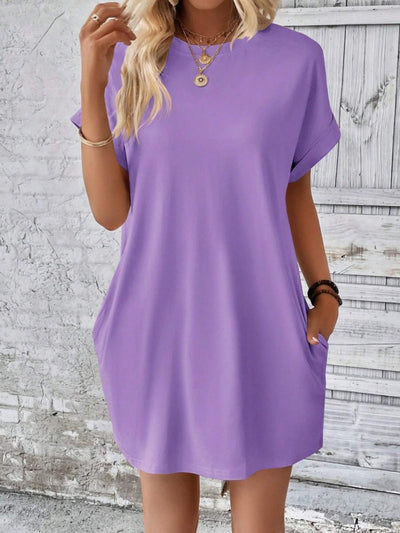 Explore More Collection - Pocketed Round Neck Short Sleeve Dress