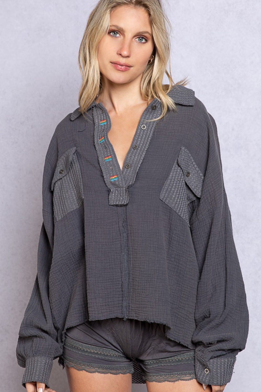 Explore More  Collection - POL Texture Half Button Long Sleeve Top