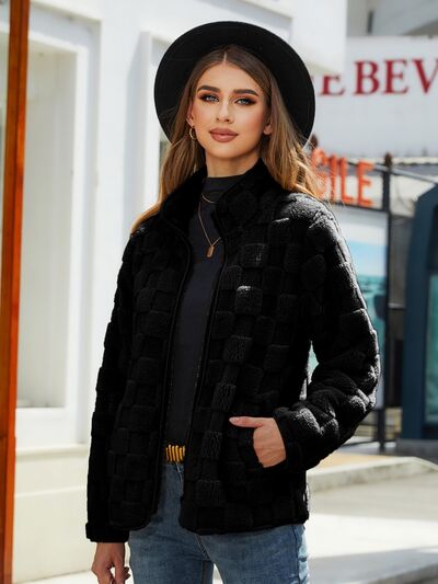 Explore More Collection - Fuzzy Checkered Zip Up Jacket